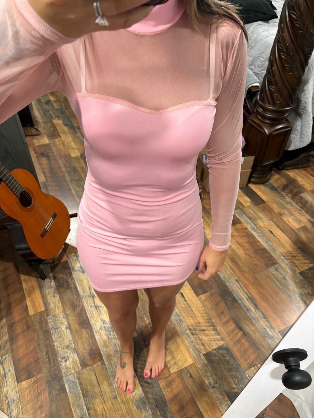 Sheer Panel Pink Bodycon Dress